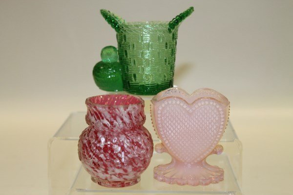 3 Glass Toothpick Holders: Northwood Spatter Glass Leaf Umbrella #263, Degenhart heart, Crown Tuscan