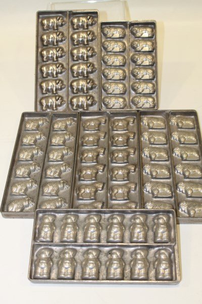 Pewter Chocolate Candy Molds: Elephants, tigers, bears, ponies, buffalo and rabbits, largest 8 3/4 x 4, smallest 6 1/2 x 4