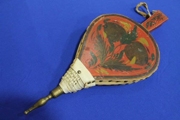 Paint Decorated & Stenciled Red Bellows 19th Century: Fruit decorated, old leather replacement, orignal old painted surface