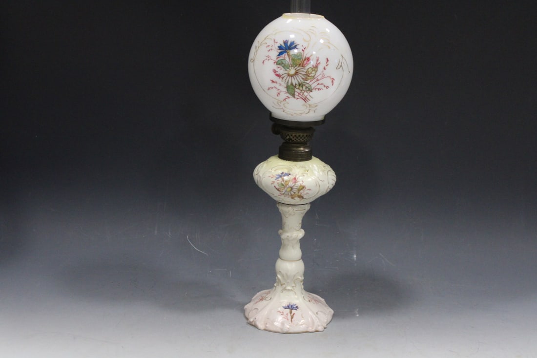 Porcelain P & A Hand-Painted Oil Lamp: 1880s Victor Porcelain Table Oil Lamp - all original oil / kerosene miniature lamp spring flower bouquets on matching shade and base, flame adjuster embossed “The P&A Mfg. Co. Victor” (The Plu
