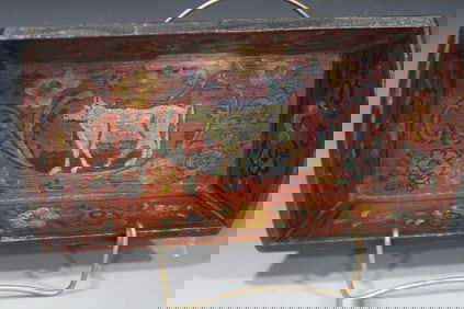 19th C Red Paint-Decorated Tray - Cow Floral Interior