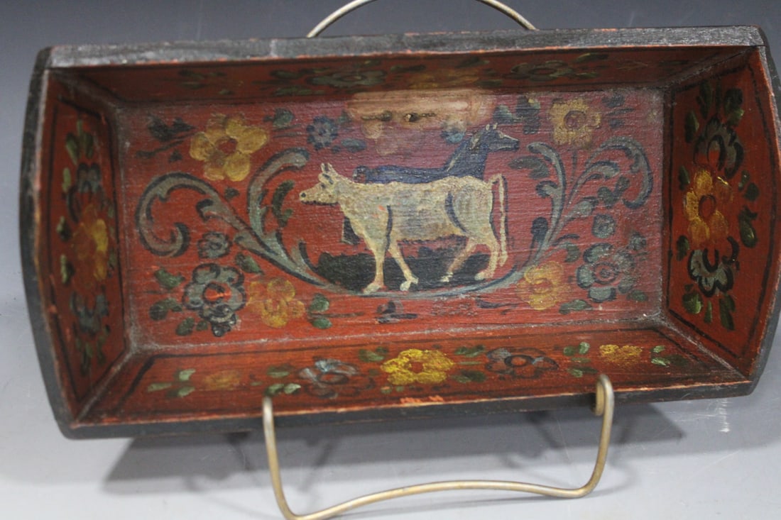 19th C Red Paint-Decorated Tray - Cow Floral Interior (1 of 3)