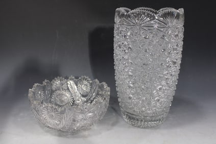 Heavily Cut Glass Vase & Signed Libbey Bowl