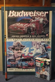 Framed Budweiser NASCAR Poster, Pool Stick, More