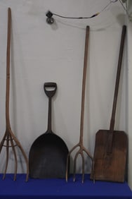 Group of Early Wooden Shovels & Rakes