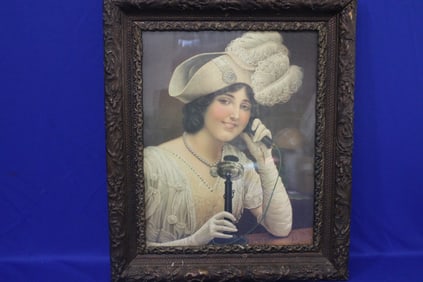 Victorian Print of Lady Using Candlestick Telephone