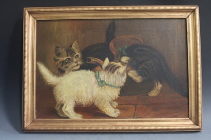 19th to Early 20th C Framed Oil on Canvas Signed Painting of Kittens / Cats