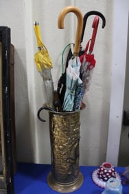 Brass Umbrella Stand w/ Vintage Umbrellas