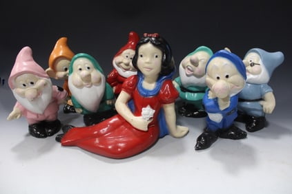 Snow White & 7 Dwarfs Painted Chalkware Figures