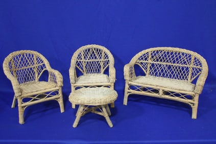 Vintage Child's Doll-Size Wicker Chairs, Table & Sofa