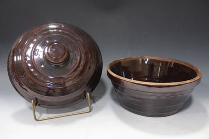 Brown Stoneware / Crock Lidded Bowl