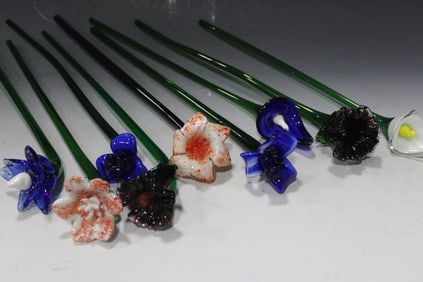 Lot of 9 Murano Blown Glass Long Stem Flowers
