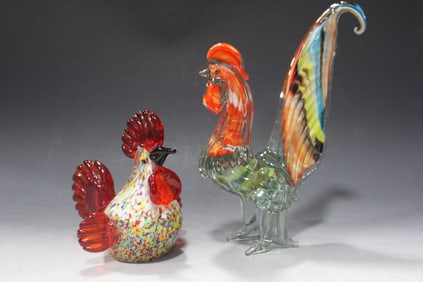 Blown Art Glass Sculptures Rooster & Chicken Hen