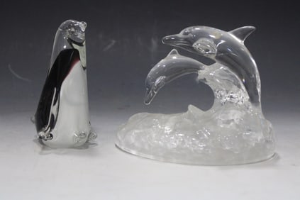 Blown Art Glass Sculptures Penguin and Dolphins