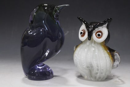 Blown Art Glass Owl & Penguin