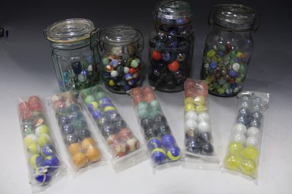 Lot of 4 Jars & 6 Bags Vintage Marbles