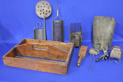Antique Utensil Box with Misc Household Items