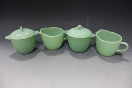 2 Sets of Jadeite Fire-King Ridged Sugars & Creamers