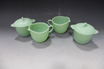 2 Sets of Jadeite Fire-King Ridged Sugars & Creamers