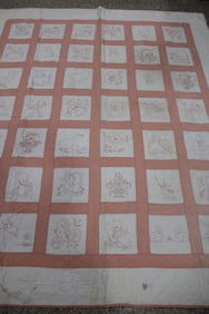 Dated 1932 Child's Pink & White Embroidered Quilt