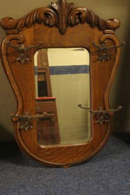 Oak Wall Mirror w/ Hat Hooks