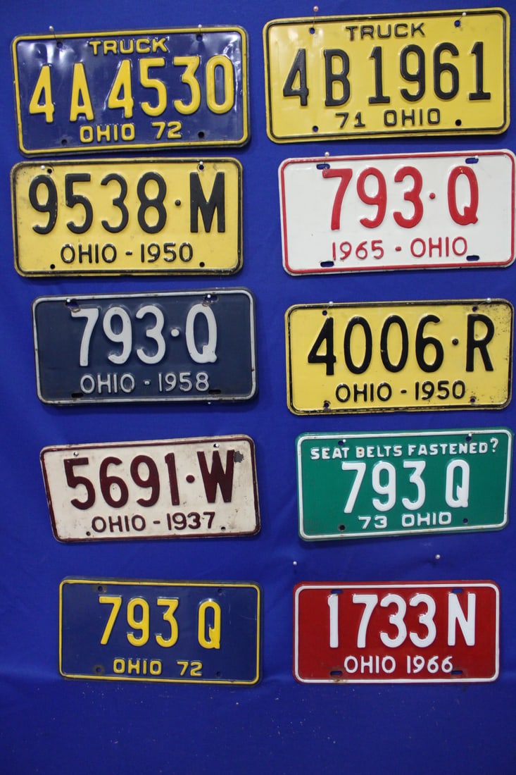 11 Pairs Ohio Automobile & Truck License Plates: Car - 1937; 1950; 1950; 1958; 1965; 1966; 1972; 1972; 1973; Truck - 1971; 1972