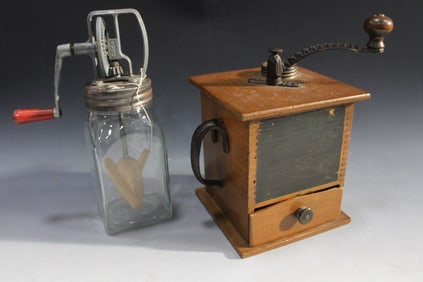 Antique Coffee Grinder & 1 Qt. Glass Butter Churn