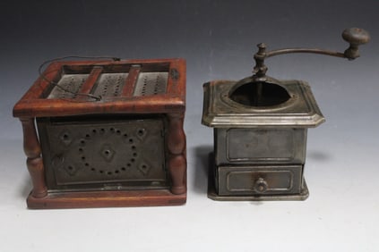 Wooden & Tin Footwarmer & Tin Coffee Grinder