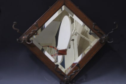 Beveled Oak Wall Mirror w/ Hat Hooks