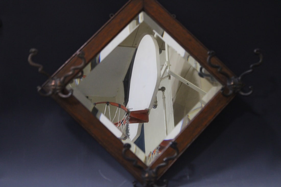 Beveled Oak Wall Mirror w/ Hat Hooks (1 of 1)