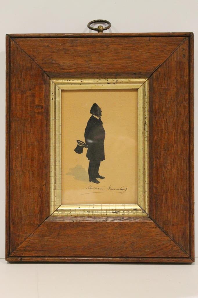 Nathan Saunders I'd Painted Silhouette: Gentleman, Nathan Saunders, painted full-length profile silhouette, black face, top hat in hands held behind back, spectacles, long frock coat, pants with side stripe, image of his shadow, signed at b