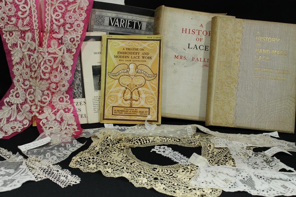 Early Samples 18 & 19 C Lace - Identified & Lace Books: Early samples of 18th and 19th century laces, identified by collector in the 1960s - C 1780, or even earlier, Rose Mechin showing typical hexagonal mesh; Swedish Tonder showing typical feather motif;