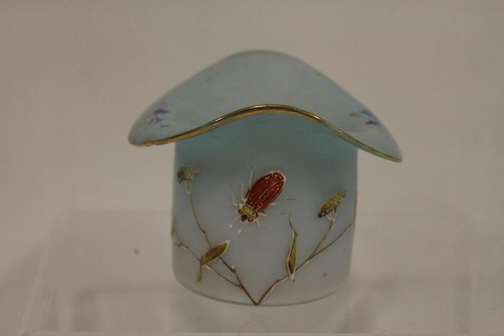 Webb Toothpick Holder Hat Form with Bee: Webb toothpick holder, top hat form, blue glass with enameled floral spray and bug, 2 1/2 H