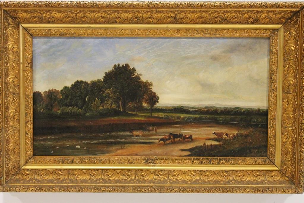 O/C Cattle Painting Attb to Sidney Percy: Large oil on canvas landscape painting with cattle grazing and watering in stream, artist signed LR but indistinctly (may appear clearer after cleaning) - attributed to Sidney Richard Percy, hidden wi