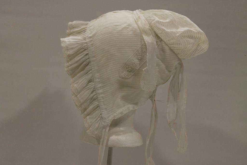 19th C. Lady's Bonnet / Cap - Museum: Early to mid-1800s lady's bonnet with lace trim and embroidered flowers, all hand-sewn, 2 sets decorative lappets hanging loosely, and decorative ties, formerly property of Metropolitan Museum of Art