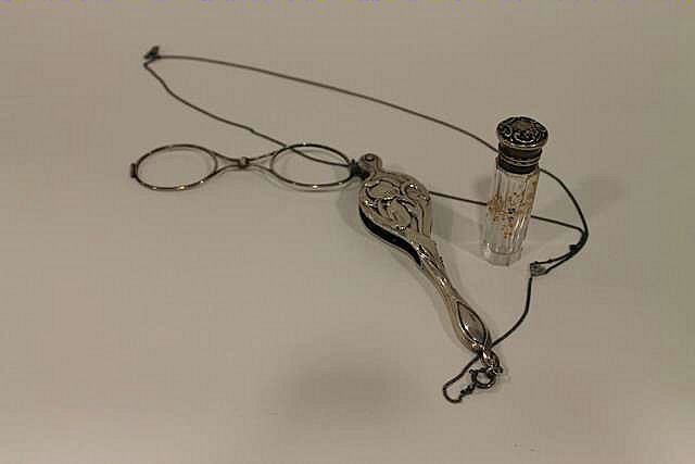 Embossed Lorgnette & Chatelaine Perfume: Embossed Victorian lorgnette with sterling chain, chatelaine scent bottle with enameling.