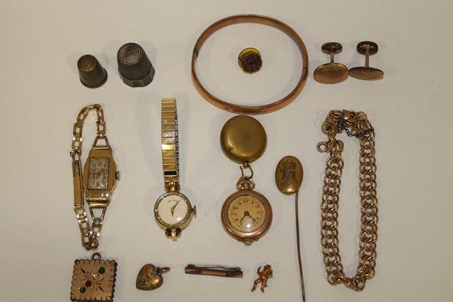 Misc GF Jewelry & More Grouping: Sterling thimble, lady's pendant watch with pull chain pendant, 2 wrist watches, stick pin, bar pin, more.