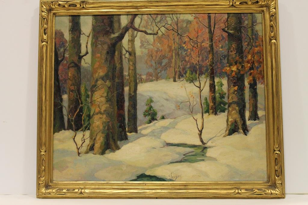 Large O/C George Jensen Northern Michigan: Large size for Jensen paintings, oil on canvas painting of fall scene by Toledo, Ohio artist George Jensen, (1878-1977) illustrator, painter and art educator, hand-written on back of painting's stretc