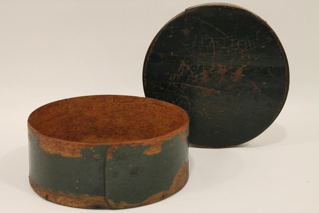 Round Green Painted Pantry Box: Round green painted pantry box, lap-sided, 6 1/4 W x 2 3/4 H.