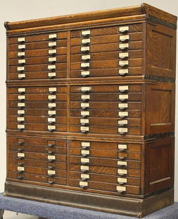 3 Stack 36 Drawer Oak File Cabinet: 3-Stack, 36-drawer, oak file cabinet, previously from a 3rd generation lawyer's office, 46 1/2 H x 41 1/2 W x 18 D.