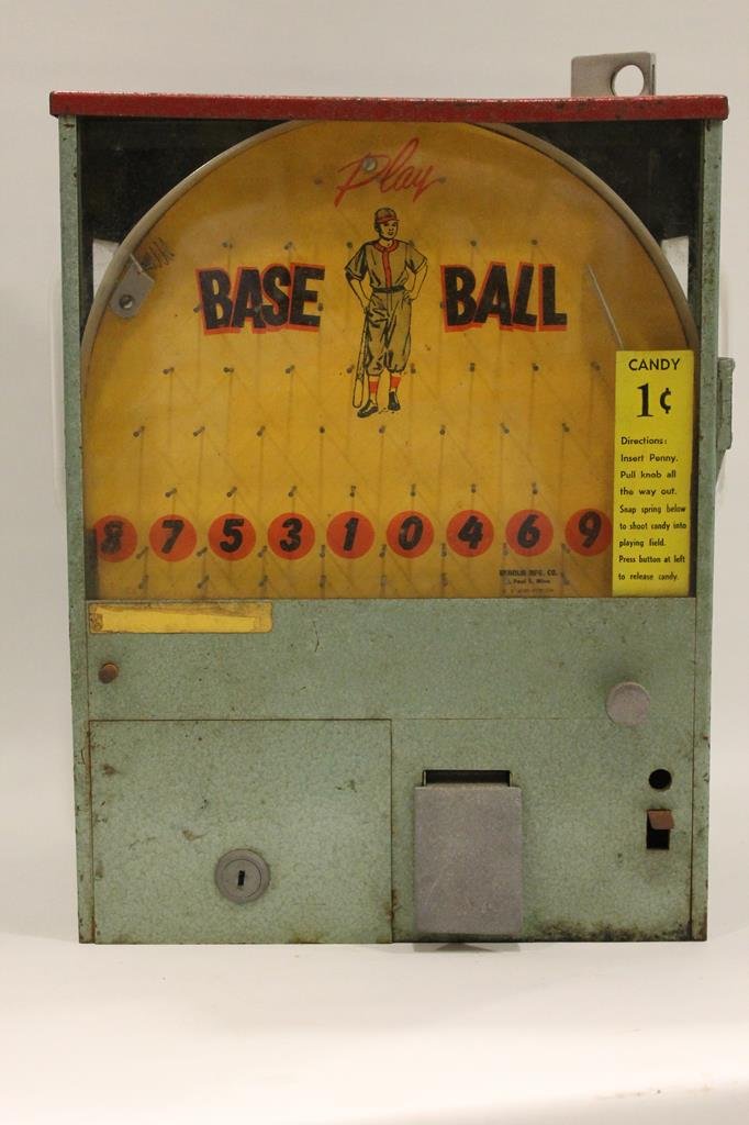 "Play Baseball" Ekholm Penny Candy Vending: "Play Baseball" Ekholm penny candy vending machine, 14 H.