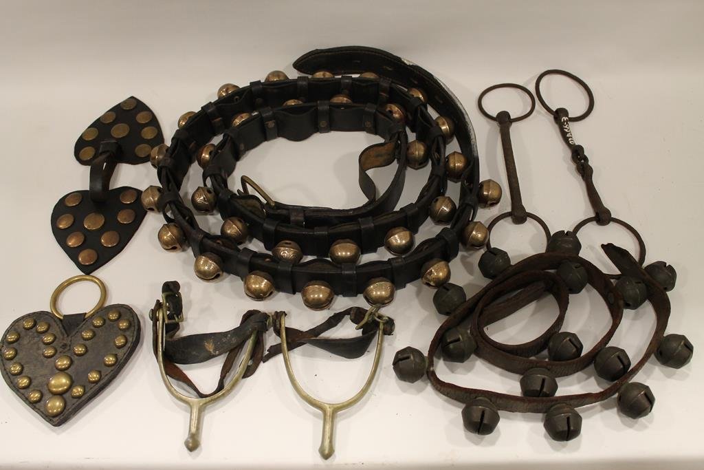 Sleigh Bells and Horse-Related: Sleigh bells, brass, horse bits, spurs, horse leathers.