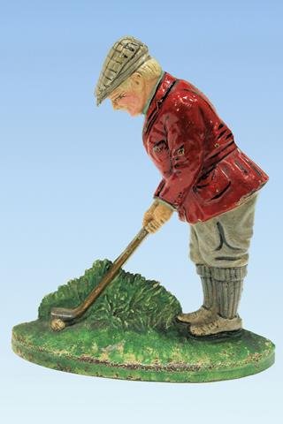 Putting Golfer Hubley #34 Doorstop: Cast iron Putting Golfer doorstop Hubley "#34". Polychorome paint red coat and gray pinstriped knickers, 8 1/4" H.