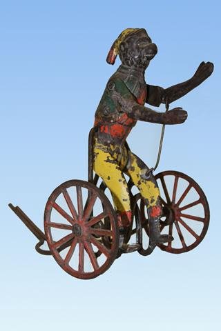 Wilkens CI Mechanical Monkey Push Toy: Wilkens early 1900s cast iron mechanical monkey push / stick toy, push and his hands and legs move up and down, 6 1/2" H.
