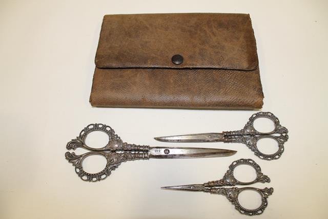 F&B Sterling Matched Set Scissors O/Case: Set of three matching, very ornate sterling scissors in original case, F&B, F A. Bunnell, largest 6 1/2" L. Note: This lot is part of a large 35 lot Victorian sewing collection selling in this auction