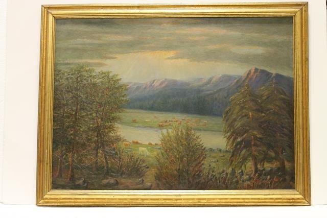 Lg O/C Ohio Artist W. R. Clawson Painting: Oil on canvas, sheep and cattle grazing near stream, mountains, forest, Ohio artist, signed W. R. Clawson, 1885-1927, probably original gold gilt frame, 37" x 50".