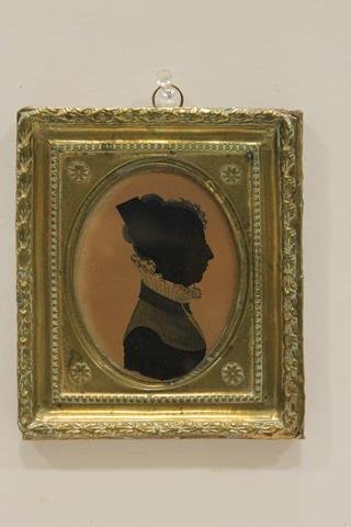 Watercolor & Hollowcut Lady Silhouette: Unusual technique of partial hollowcut and watercolor silhouette of lady, 2-dimensional, gilded brass frame, 4 1/2" x 5 1/4".
