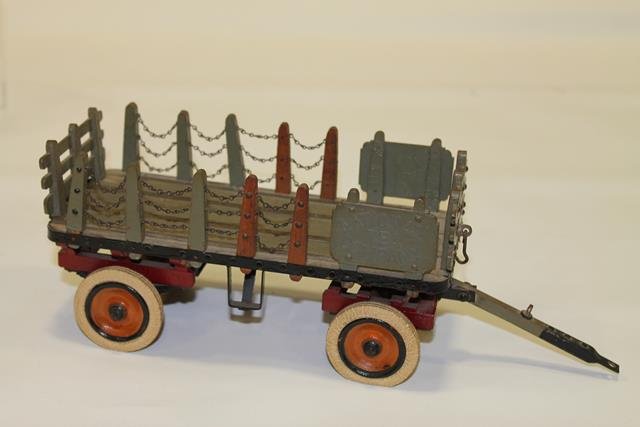Early 1900 National Tea Co. Stake Wagon: Early 1900s No. 54 National Tea Company stake wagon, painted wooden construction with metal axles and foot holds and chains, rubber tires, hinged tongue, removable tailgate,