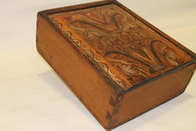 1823 Polychrome Paint Decorated Bonnet Box: Dated 1823 polychrome decorated bonnet box with beveled slide lid, tongue and groove construction, probably Norwegian, 14 x 17 1/2" L.
