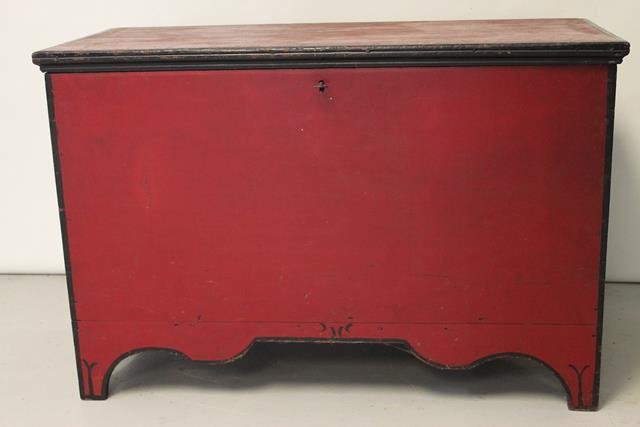 1832 Poplar Blanket Chest in Red Paint: Poplar six board blanket chest in original red paint with black accents, large lettered "1832" painted on back side, original lock and key, 40" W x 26" H x 19" D.